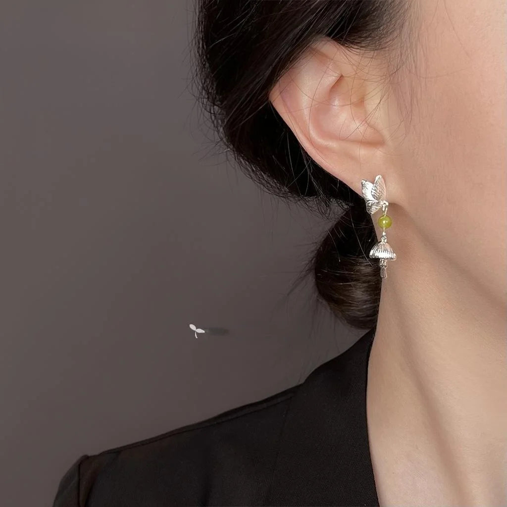 Forest Style Natural Stone Butterfly Mushroom Drop Earrings, Silver Plated Copper