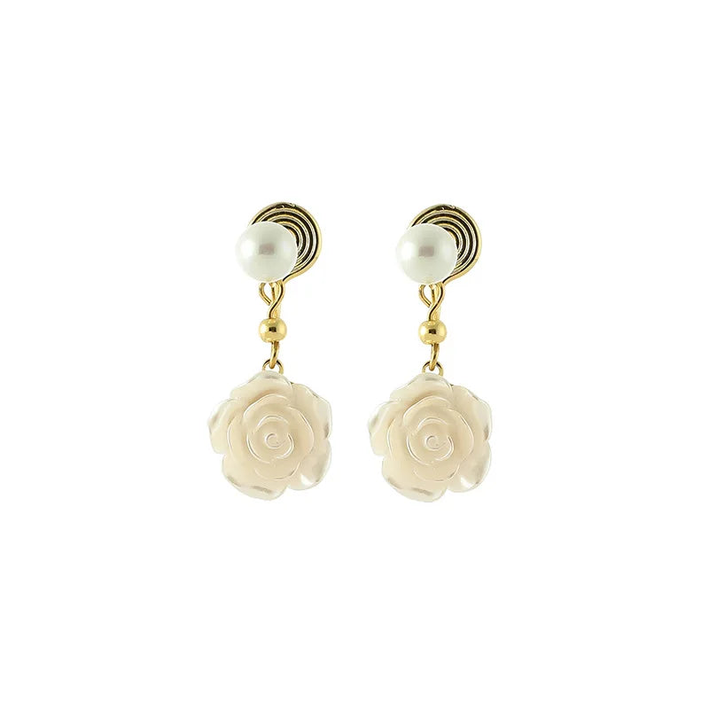 Sweet Elegant Camellia Flower Pearl Drop Alloy Stud & Clip On No Piercing Long Dangle Earrings