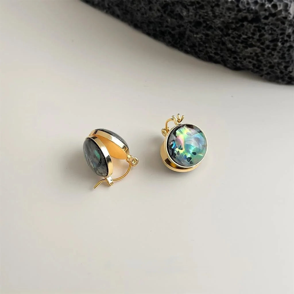 Vintage Style Round Geometric Abalone Shell Copper Double Sided Drop Earrings