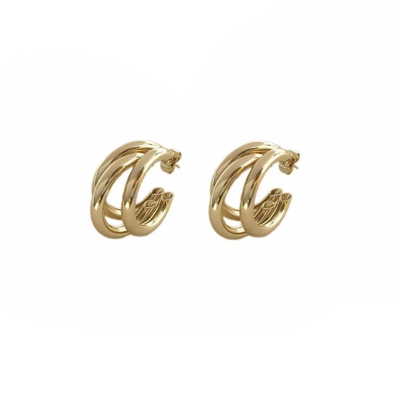 Real Gold Plated Metal Hoop Earrings For Women Geometric Round Street Style Jewelry