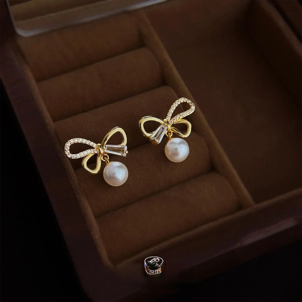 14K Plated Copper Bow Stud Earrings With Micro Pave Zircon And High Luster Pearl