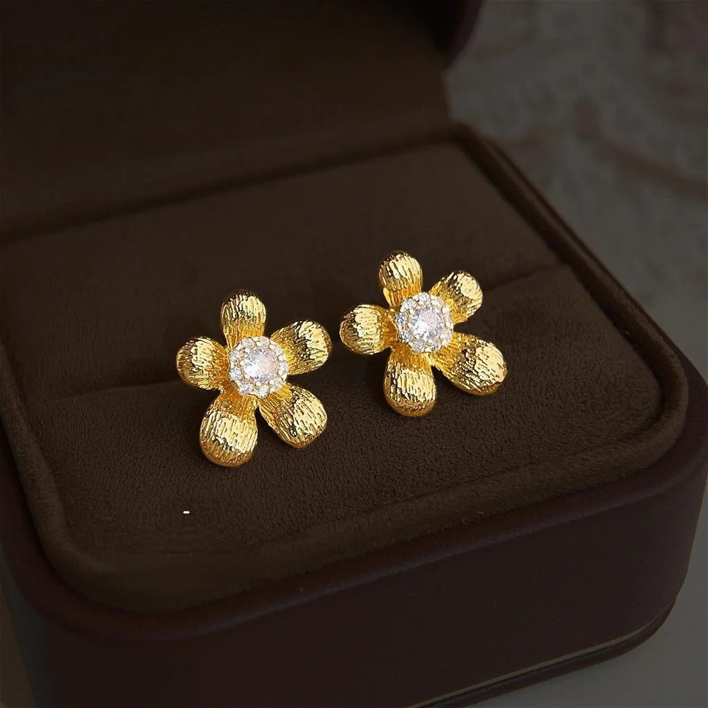 14K Plated Copper Micro Pave Zircon Flower Stud Earrings Sweet Elegant Floral Jewelry