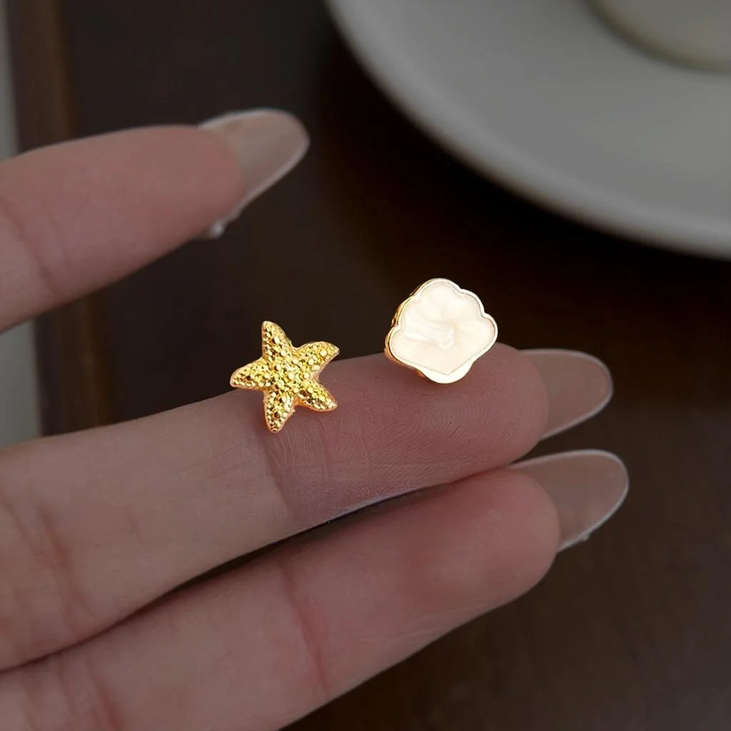Copper Starfish Shell Enamel Asymmetric Mini Stud Earrings Simple Vacation Style