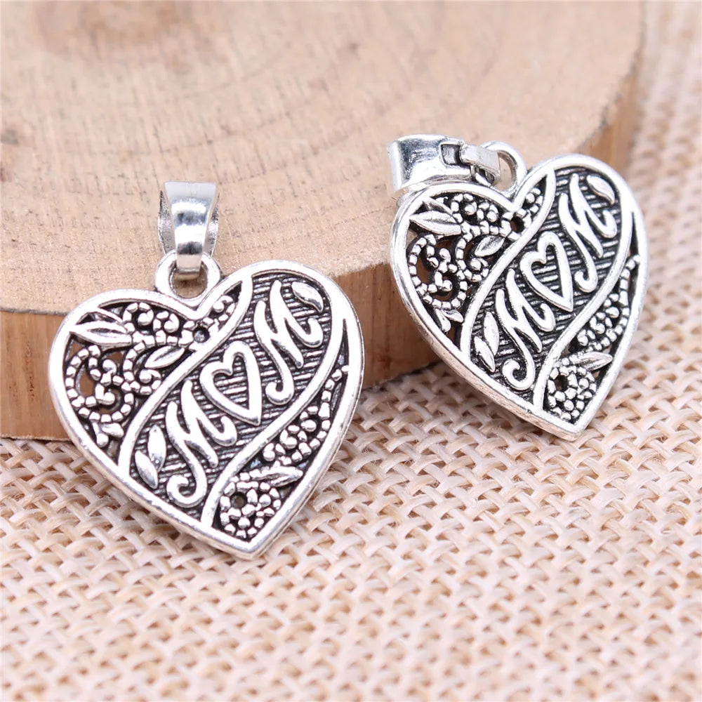 18x18mm 1.73g Antique Silver Zinc Alloy Heart Mom Charm Pendant for DIY Necklace Bracelet Making