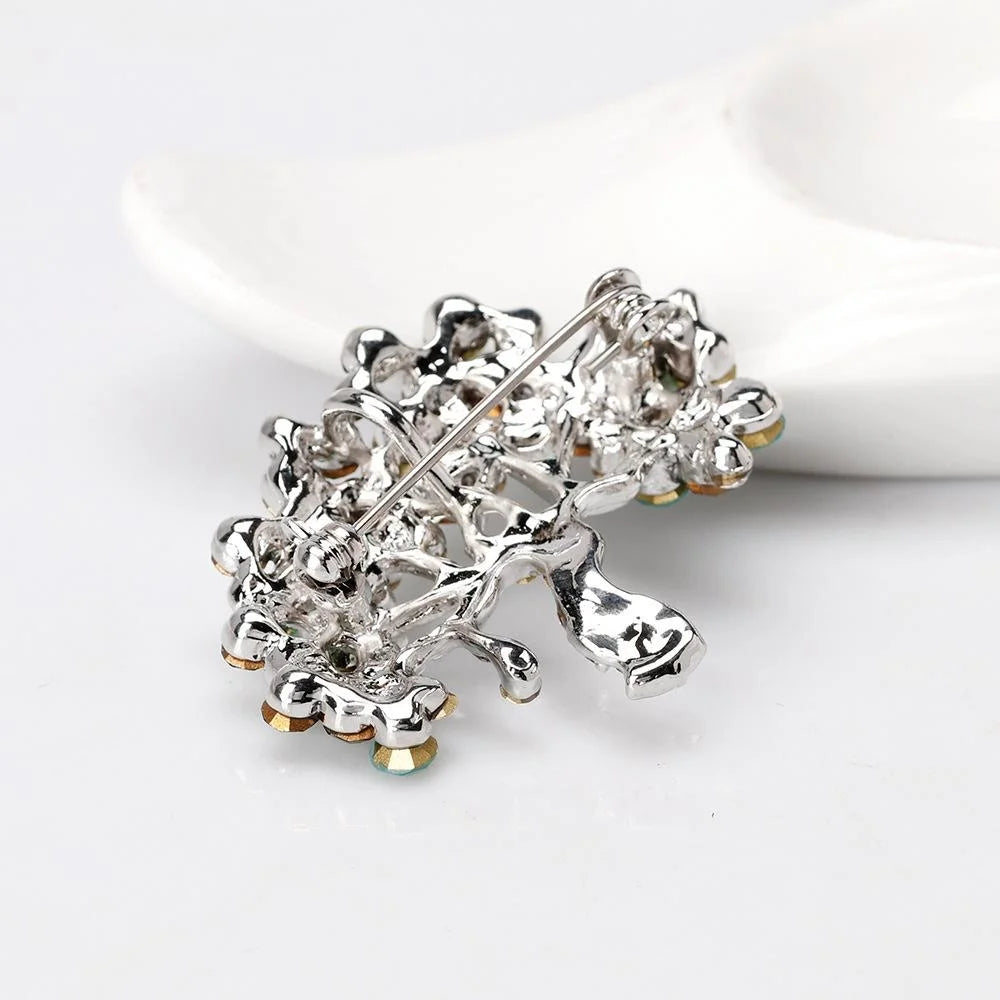 Elegant Alloy Crystal Rhinestone Tree Brooch With Green Cat Eye Stones, Women's Lapel Pin Suit Accessory