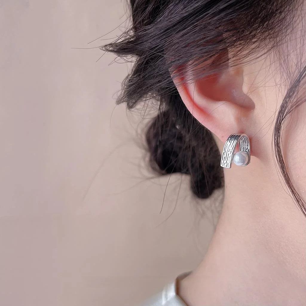 Niche Designer Geometric Textured Copper Glass Pearl Drop Earrings For Women Ring Line Fashion Jewelry