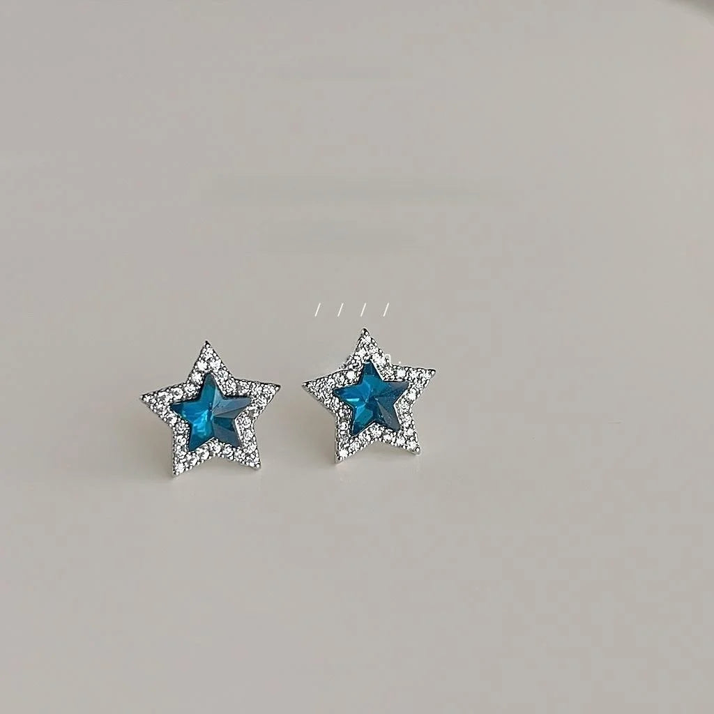 Minimalist Blue Five Point Star Stud Earrings Copper Micro Pave Zircon Glass Crystal Jewelry