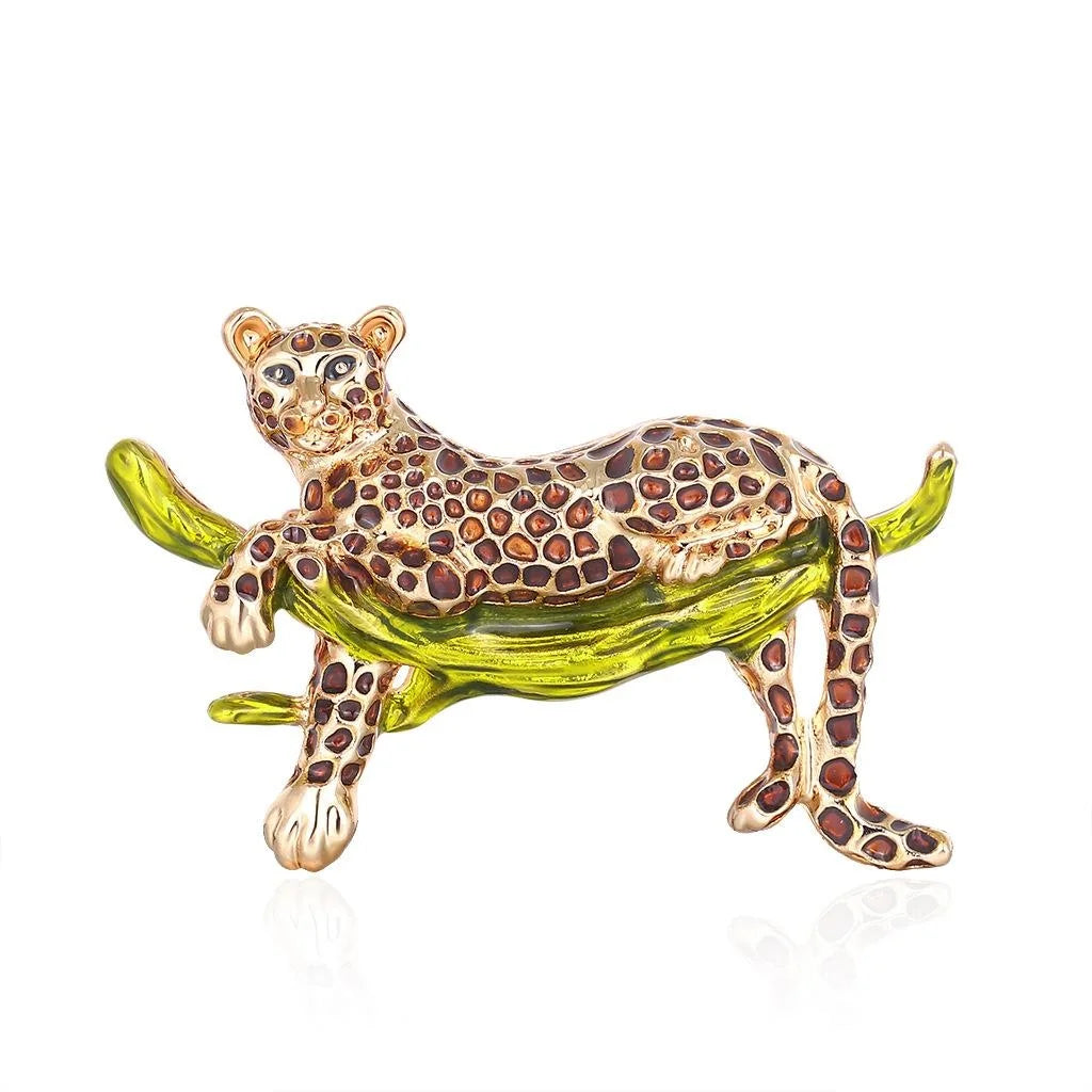 Elegant Enamel Leopard On Branch Brooch, Rhinestone Alloy Animal Lapel Pin Corsage Suit Accessory Gift