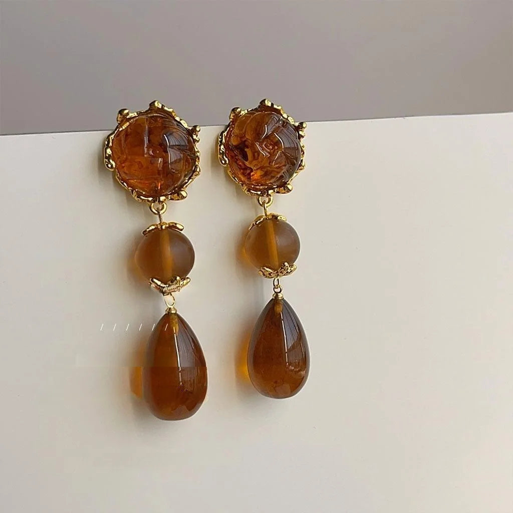 Vintage Amber Resin 3D Rose Tassel Drop Earrings, Handmade Court Style Statement Jewelry