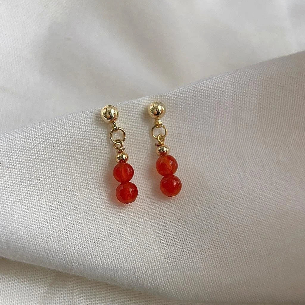 Handmade Red Agate Gourd Stud Earrings Copper New Chinese Style Mini Natural Stone Jewelry