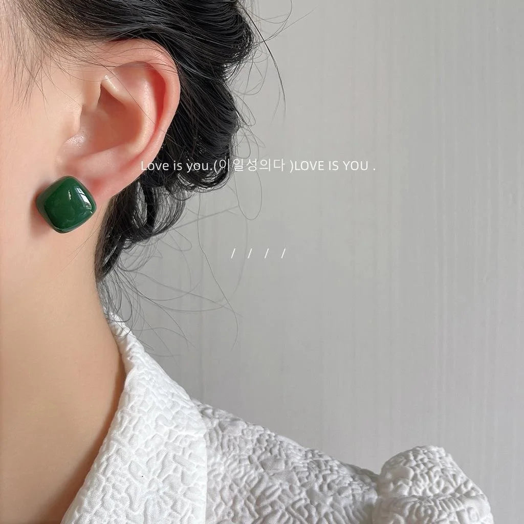 Dark Green Square Resin Stud Earrings With Silver Plated Pins Minimalist Geometric Jewelry