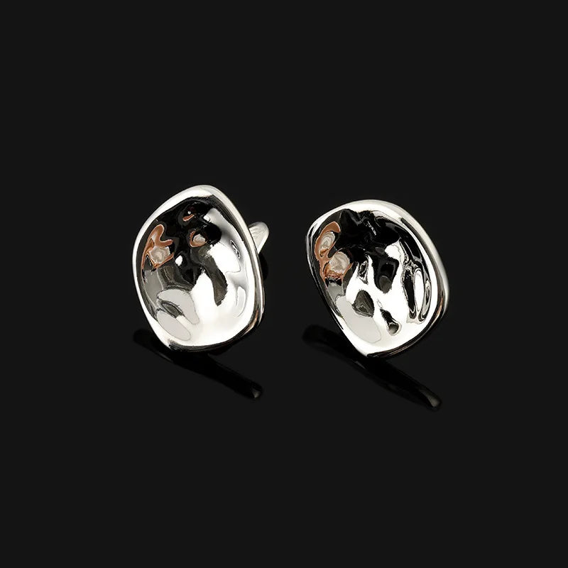 Luxury Hammered Silver Tone Irregular Concave Alloy Geometric Stud & Clip On No Piercing Earrings