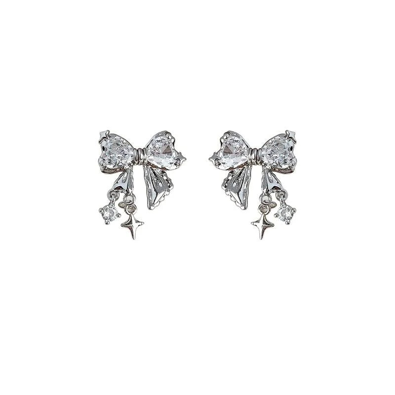 Sweet Cool Micro Pave Zircon Bow Stud Earrings Copper Cute Lolita Silver Plated Pin Jewelry