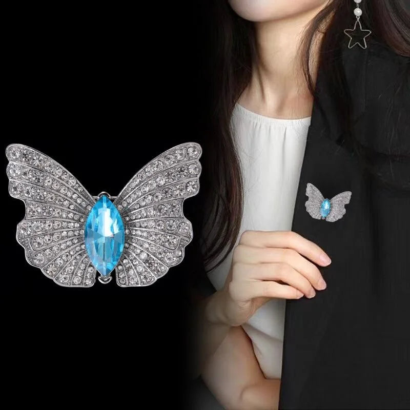Elegant Full Rhinestone Butterfly Brooch With Pink Marquise Stone, Luxury Lapel Pin Suit Accessory Gift