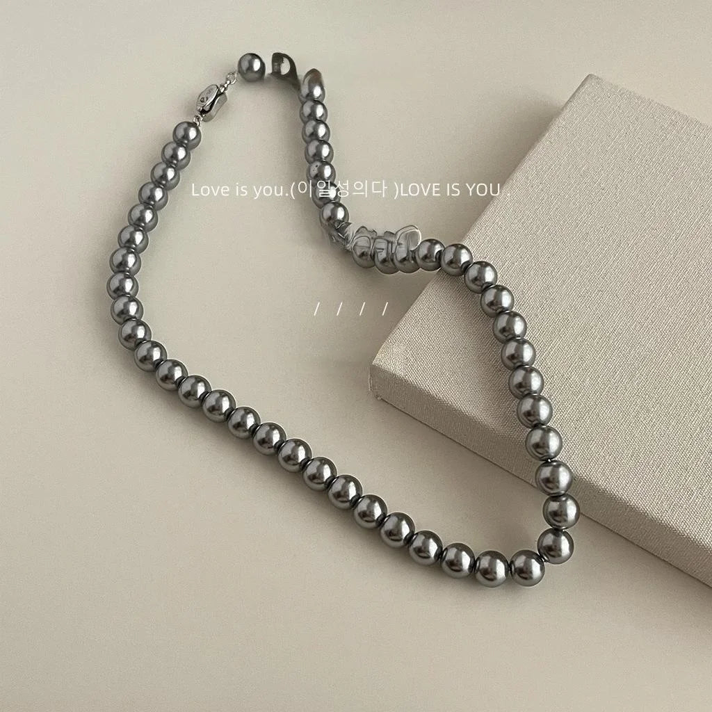 Luxury Gray Round Glass Pearl Necklace For Women Minimalist Geometric Choker Jewelry