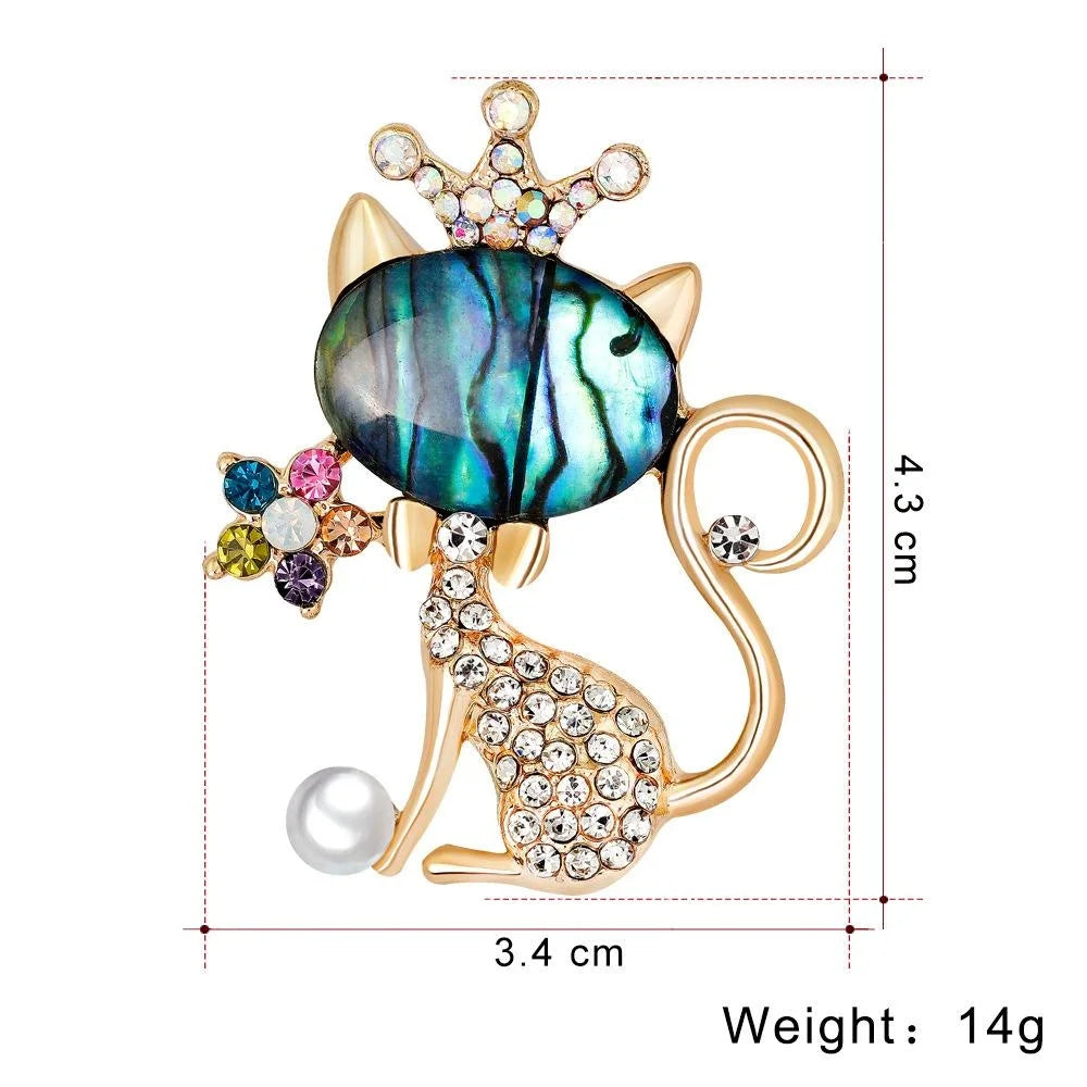 Cute Cat Crown Brooch With Mother Of Pearl Shell And Rhinestone Alloy Lapel Pin Corsage Gift