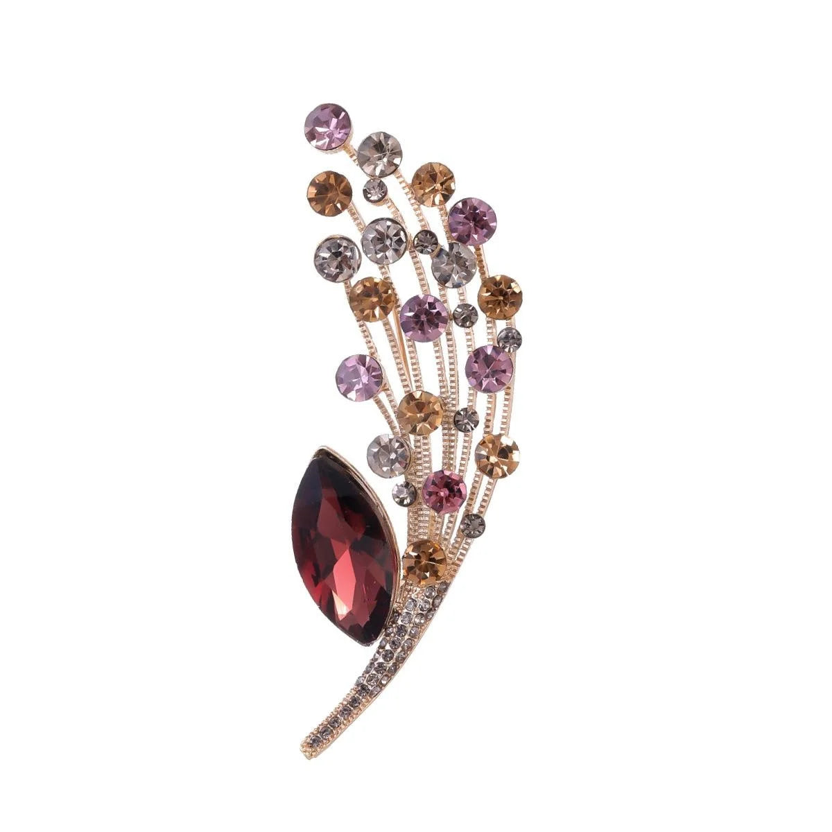 Luxury Leaf Spray Rhinestone Alloy Brooch With Red Crystal, Elegant Lapel Pin Corsage Suit Accessory