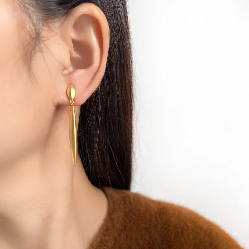 Elegant Minimalist Matte Gold Alloy Long Teardrop Line Dangle Stud & Clip On No Piercing Earrings