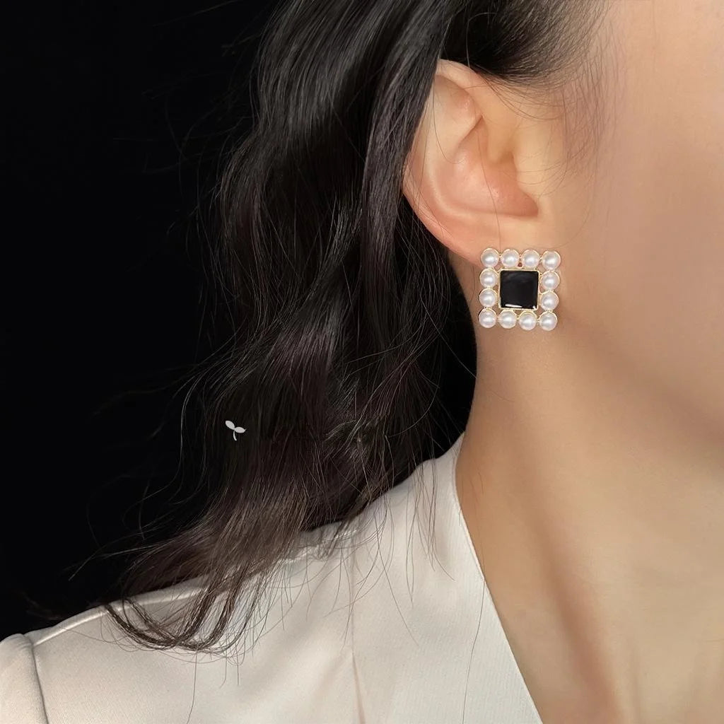14K Plated Copper Square Geometric Enamel Pearl Stud Earrings