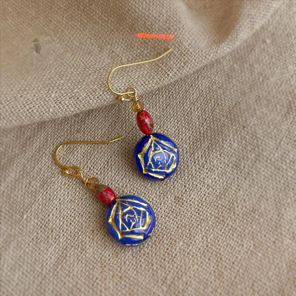 Vintage New Chinese Style Blue Glass Crystal Rose Geometric Round Drop Earrings
