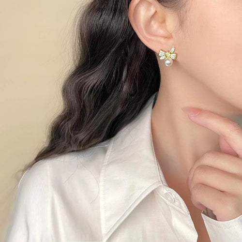 14K Plated Copper Bow Pearl Stud Earrings With Micro Pave Zircon, Sweet Fashion Jewelry