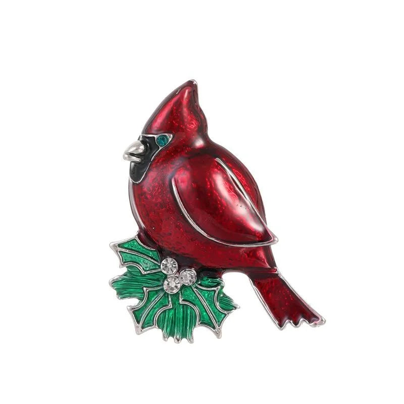 Cute Red Cardinal Bird Enamel Brooch With Rhinestone Holly Leaves, Elegant Animal Lapel Pin Gift
