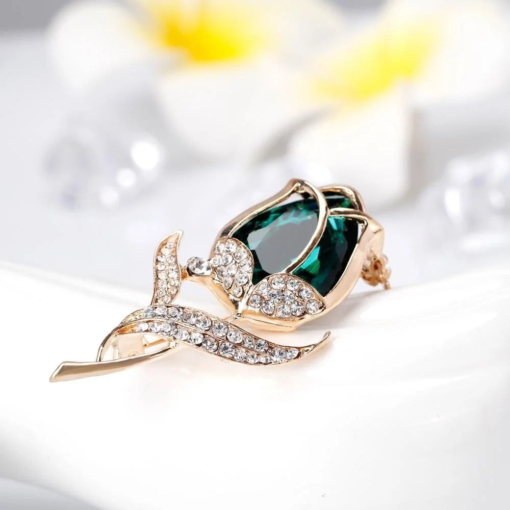 Elegant Blue Crystal Rose Brooch With Gold Alloy Rhinestone Petals, Bridal Lapel Pin Corsage Gift