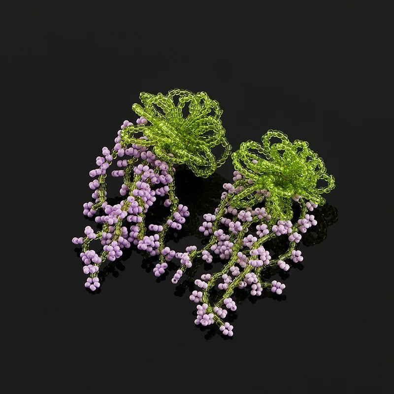 Elegant Beaded Wisteria Flower Tassel Crystal Leaf Stud & Clip On No Piercing Long Drop Earrings