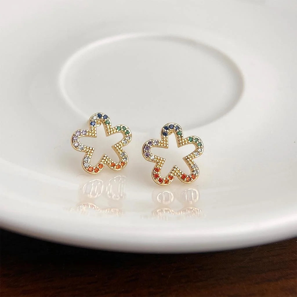 14K Gold Plated Colorful Micro Pave Zircon Hollow Flower Stud Earrings For Women