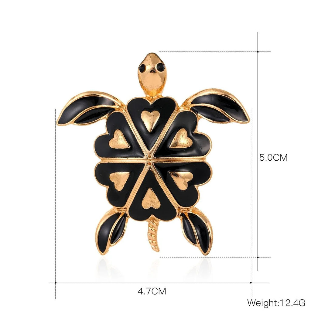 Vintage Black Enamel Heart Sea Turtle Alloy Brooch, Elegant Gold Tone Lapel Pin Suit Accessory Gift