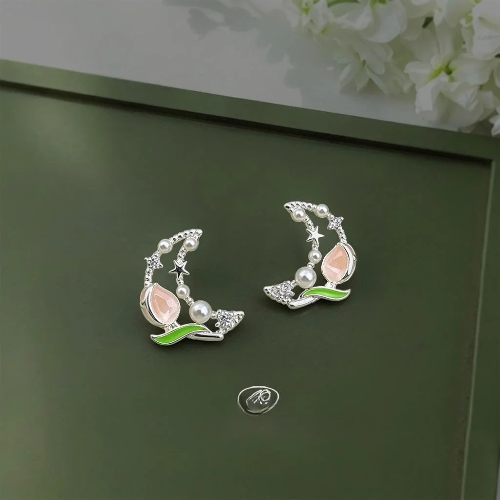 Sweet Tulip Moon Stud Earrings, Copper With High Luster Pearl, Elegant Designer Floral Jewelry