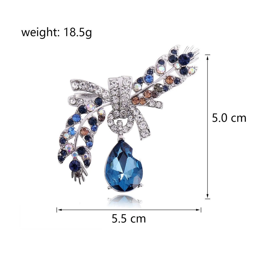 Elegant Rhinestone Bow And Wheat Ear Brooch With Blue Teardrop Crystal Lapel Pin Corsage Gift