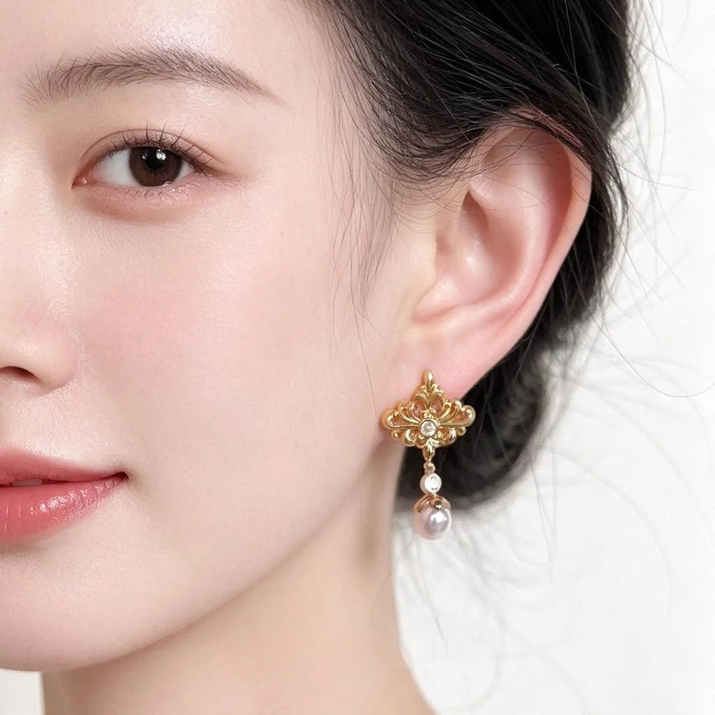 Original Design Iris Flower Pearl Copper Drop Earrings Geometric Luxury Style Women's Jewelry