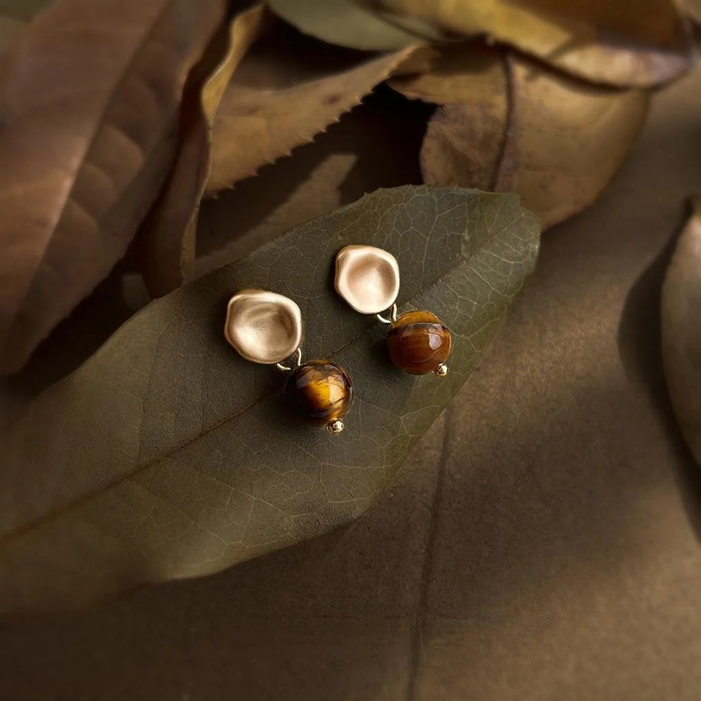 Vintage Maillard Style Tiger Eye Stone Round Geometric Drop Earrings With Copper