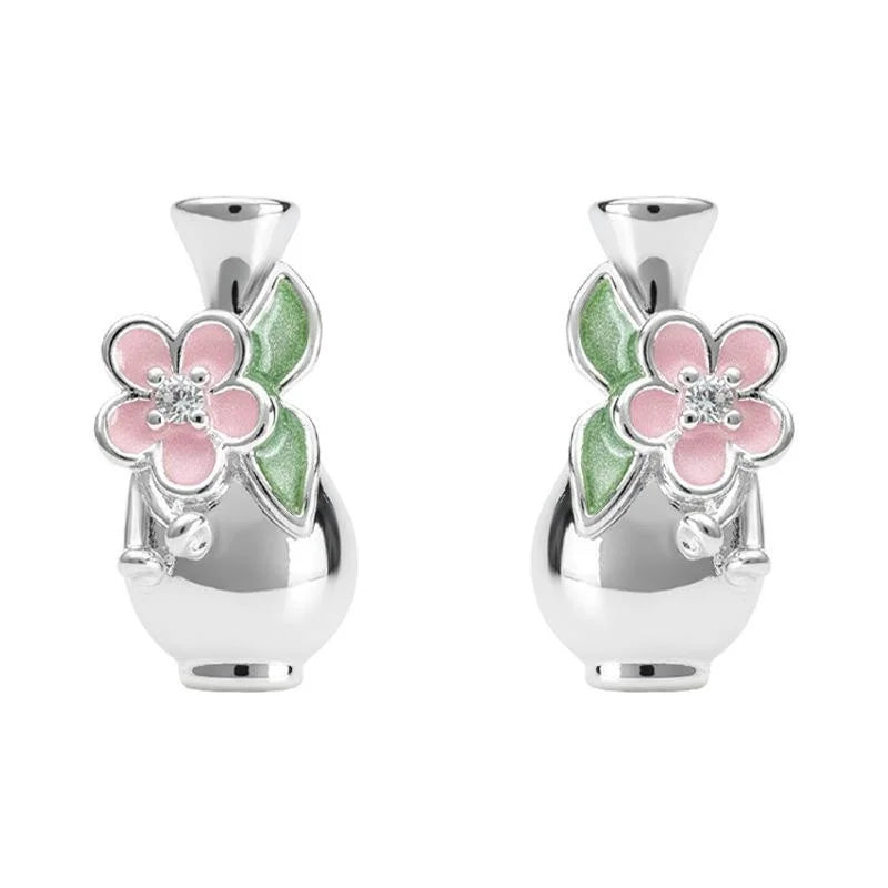 Style Floral Vase Drop Earrings With Hand Painted Enamel Glaze And Zircon Accents