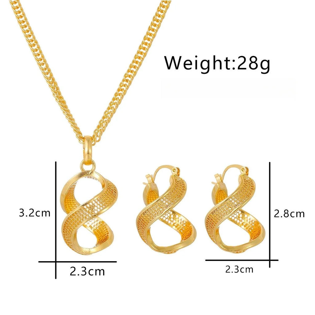 24K Gold Plated Alloy Twisted Geometric Earrings And Necklace Jewelry Set, Luxury Bridal Wedding Party Gift