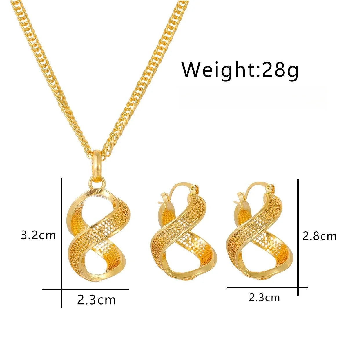 24K Gold Plated Alloy Twisted Geometric Earrings And Necklace Jewelry Set, Luxury Bridal Wedding Party Gift