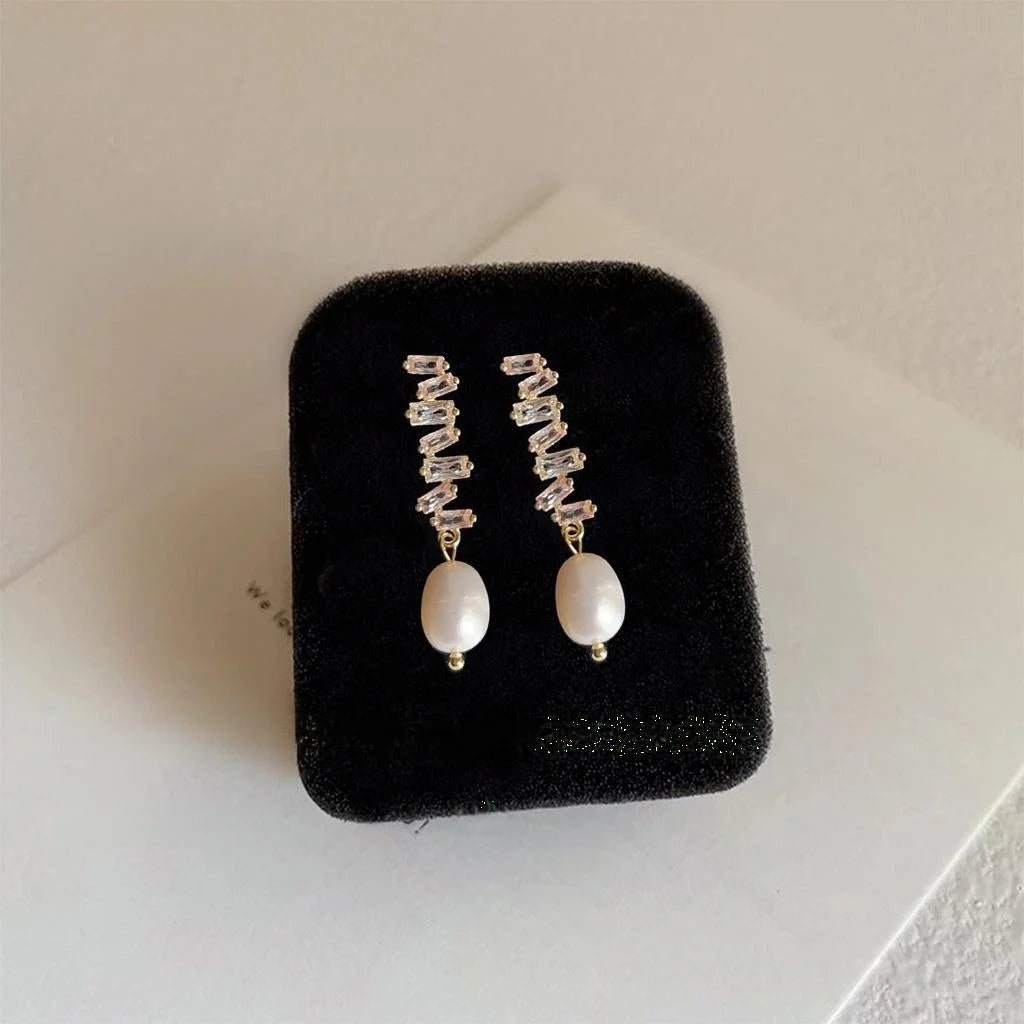 14K Gold Plated Copper Long Line Stud Earrings With Micro Pave Zircon Freshwater Pearl