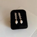 14K Gold Plated Copper Long Line Stud Earrings With Micro Pave Zircon Freshwater Pearl