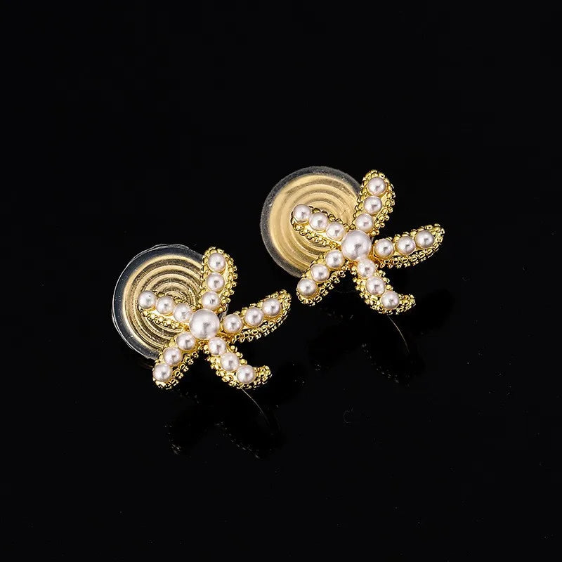 Elegant Gold Alloy Pearl Starfish Ocean Stud & Clip On No Piercing Women's Fashion Earrings