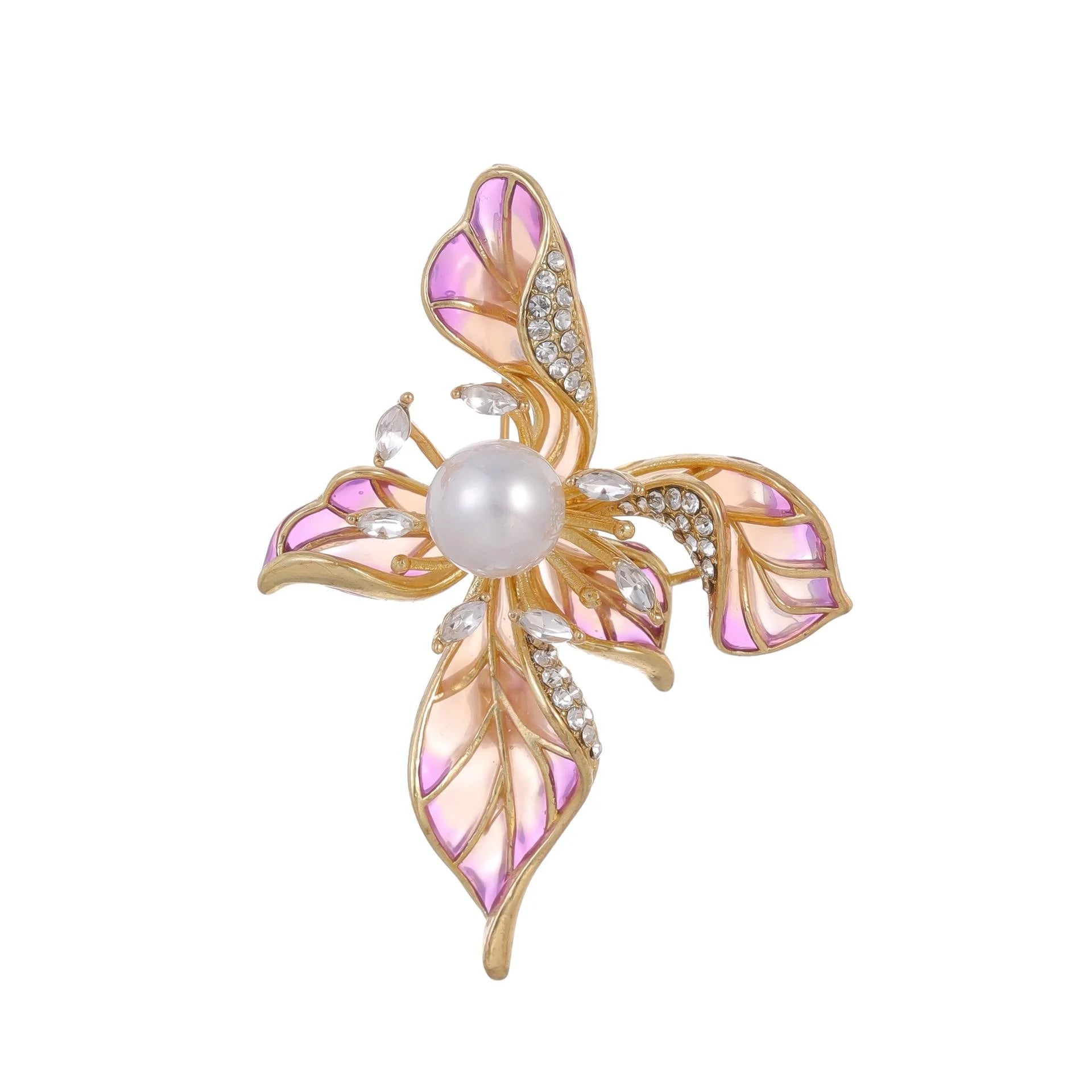 Luxury Vintage Iris Flower Brooch With Pearl Rhinestone Pink Enamel Petals, Elegant Lapel Pin Gift