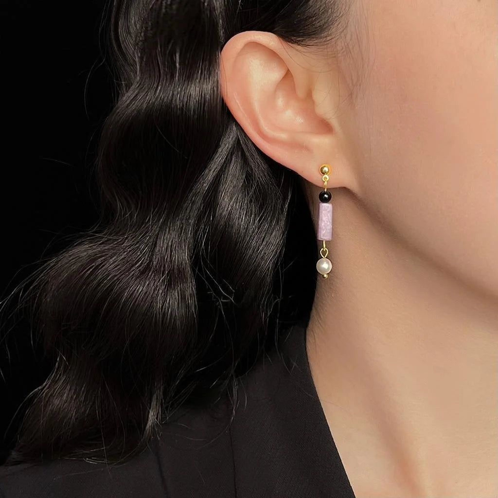 Handmade Natural Freshwater Pearl Amethyst Stone Geometric Teardrop Drop Earrings Style