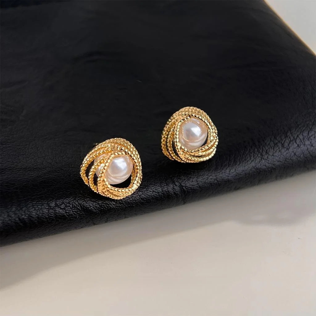 14K Plated Copper Geometric Pearl Stud Earrings For Women Minimalist Round Ring Office Jewelry