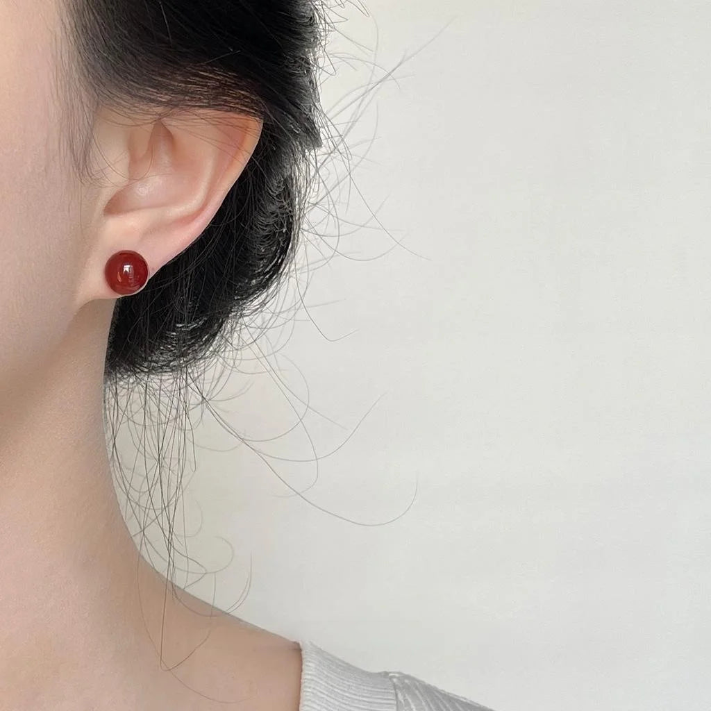 New Chinese Vintage Natural Red Agate Round Geometric Stud Earrings For Women