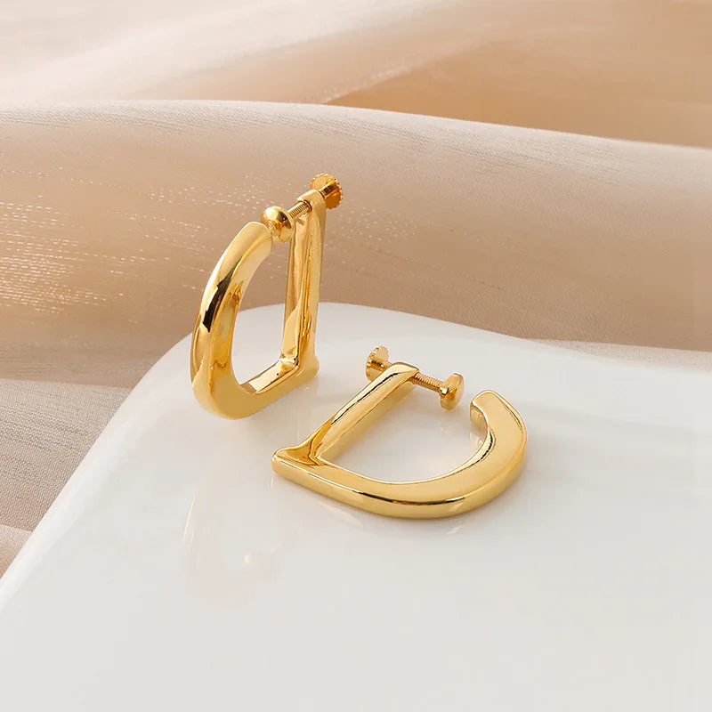 Elegant Gold Alloy D Shape Hoop Stud & Clip On No Piercing Screw Back Minimalist Fashion Earrings