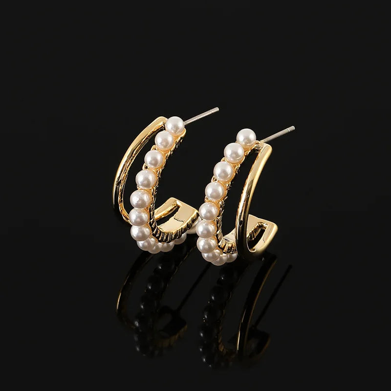 Elegant Korean C-Shaped Pearl Rhinestone Alloy Hoop Stud & Clip On No Piercing Jewelry Earrings