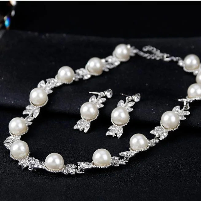 Elegant Bridal Pearl Rhinestone Leaf Earrings Necklace Bracelet Jewelry Set For Wedding Party Gift