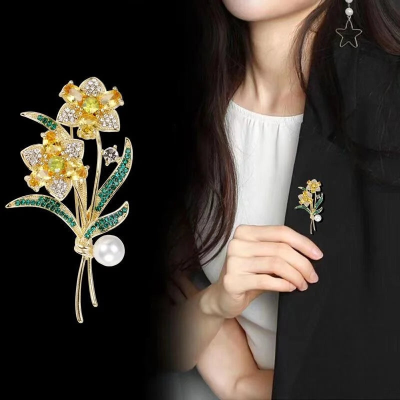 Elegant Rhinestone Yellow Flower Bouquet Brooch With Faux Pearl, Green Leaf Lapel Pin Suit Accessory Gift