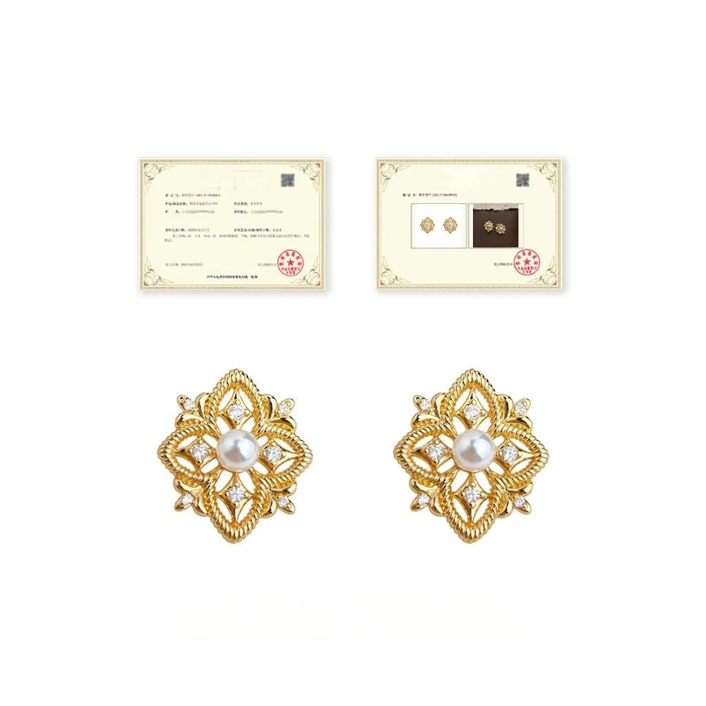 Light Luxury Copper Micro Pave Zircon Geometric Hollow Iris Flower Stud Earrings