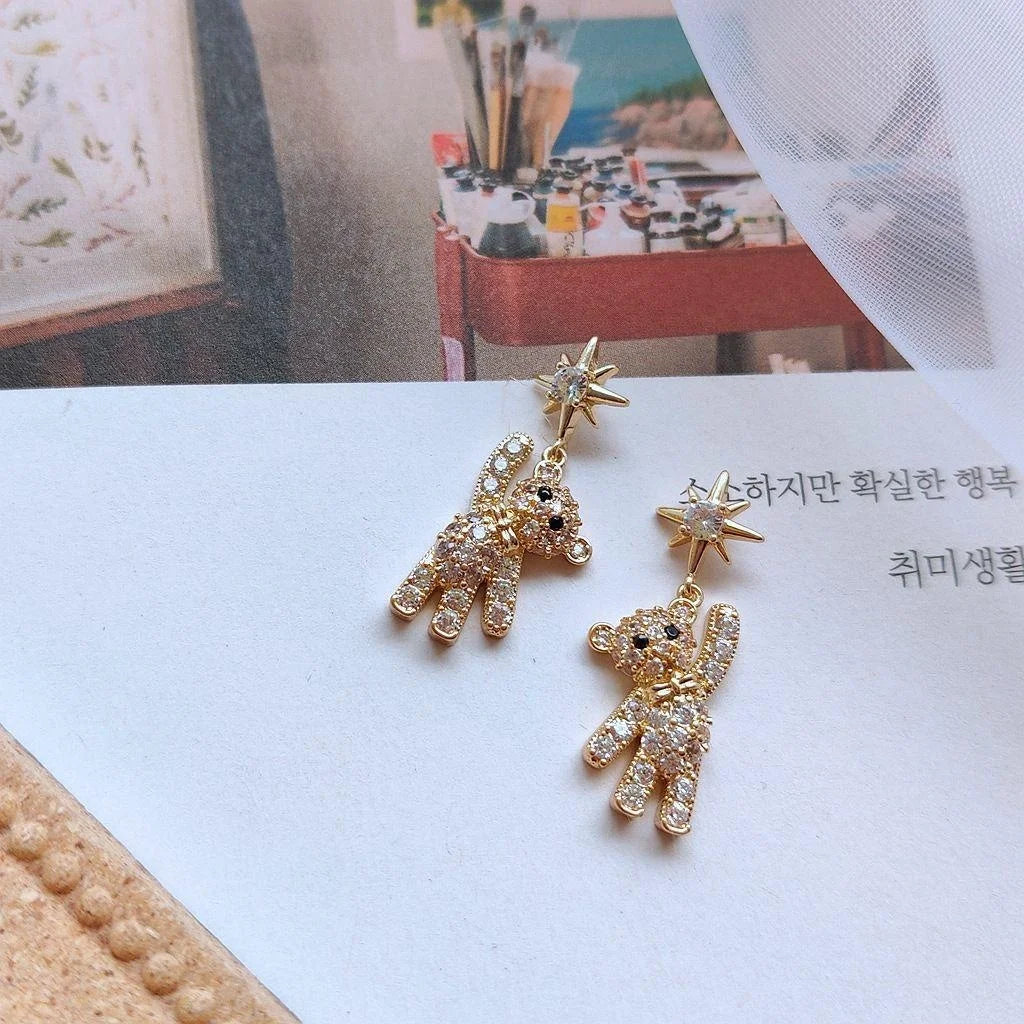 14K Gold Plated Copper Micro Pave Zircon Bear Stud Earrings For Women Luxury Minimalist Jewelry